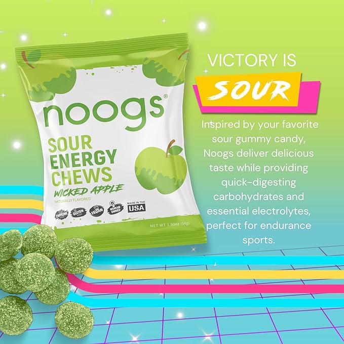 Noogs Sour Energy Chews, Wicked Apple Electrolyte Energy Gummies, Sour Candy Flavored Alternative to Running Gels, Vegan, Gluten Free & Caffeine Free, 12 Pack
