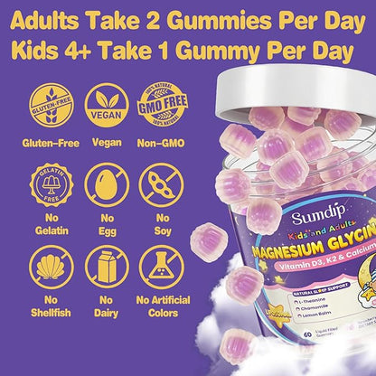 Magnesium Glycinate Gummies 400mg for Kids and Adults - Liposomal Magnesium Supplement with D3, K2 and Calcium for Sleep, Calm and Bones, Melatonin-Free, Sugar-Free, Strawberry Flavor, 60 Gummies