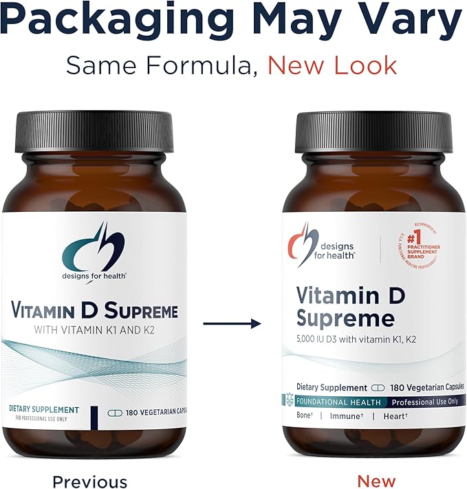 Designs for Health Vitamin D Supreme - Vitamin D 5000 IU with 2000mcg Vitamin K as MK4 for Bone Health, Heart Health, Mood & Immune Support - Vitamin D3 Enhanced with GG Supplement (180 Capsules)