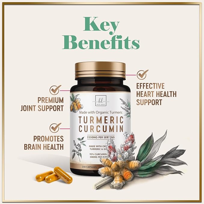 Turmeric Curcumin Supplement with 95% Curcuminoids, Organic Turmeric & Ginger 1750mg, BioPerine Black Pepper for Best Absorption, Nature's Vegan Joint Support, Non-GMO, Bottled in USA - 240 Capsules
