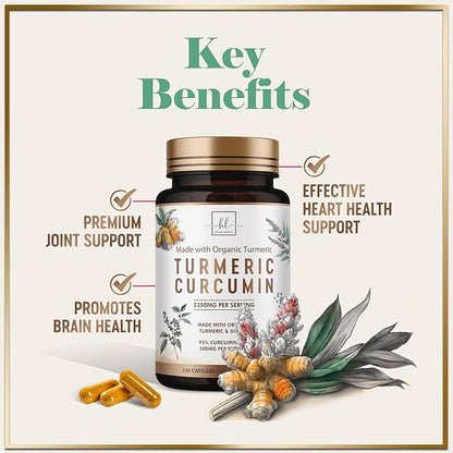 Turmeric Curcumin Supplement with 95% Curcuminoids, Organic Turmeric & Ginger 1750mg, BioPerine Black Pepper for Best Absorption, Nature's Vegan Joint Support, Non-GMO, Bottled in USA - 240 Capsules