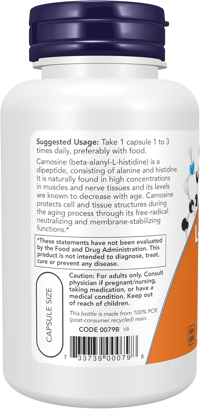 NOW Foods Supplements, L-Carnosine (Beta-Alanyl-L-Histidine) 500 mg, Healthy Aging, 100 Veg Capsules