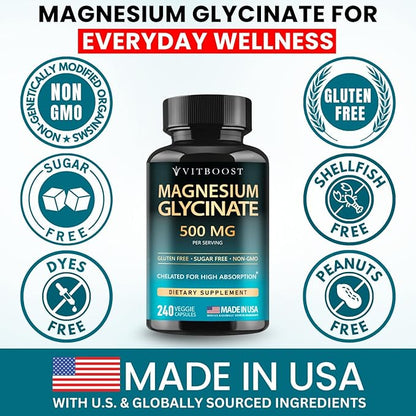 Magnesium Glycinate 500mg Chelate Capsules – 240 Count – 90mg Elemental Magnesium Per Serving – High Absorption Supplement – Non-GMO, Gluten Free – Made in USA