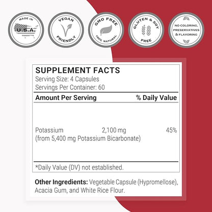 SuperSmart Potassium Bicarbonate (High Dose) - Electrolyte Mineral - pH Acid-Base Balance - Potassium Supplement | Non-GMO & Gluten Free - 240 Vegetarian Capsules