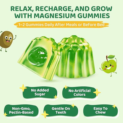 Magnesium Gummies for Kids - Magnesium Glycinate Gummies with L-Theanine, Chamomile & Multivitamins for Sleep, Calm & Focus - Green Apple & Kiwi Center-Filled Gummies 60 ct