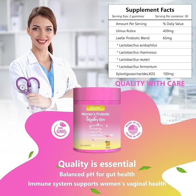 Her Juicy Feminine Probiotics Gummies for pH Balance - Slippery Elm, Lactobacillus Blend - Gut & Immune Support - Pineapple Gummies, 60 Count (Pineapple)