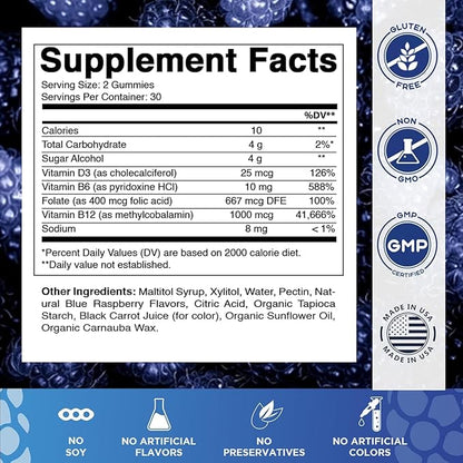 Vitamatic Vitamin D3 + B12 Gummies Made with Folate & Vitamin B6 - Natural Blue Raspberry Flavor – 60 Gummies – Made in the USA