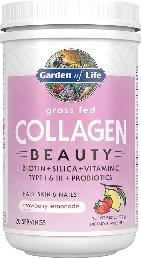 Garden of Life Grass Fed Collagen Beauty - Strawberry Lemonade, 20 Servings, Powder for Women Men Hair Skin Nails, Hydrolyzed Collagen Peptides Protein Powder Supplement