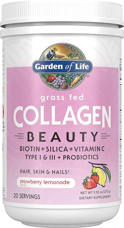 Garden of Life Grass Fed Collagen Beauty - Strawberry Lemonade, 20 Servings, Powder for Women Men Hair Skin Nails, Hydrolyzed Collagen Peptides Protein Powder Supplement