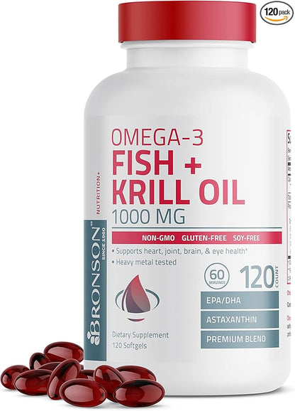 Bronson Omega-3 Fish + Krill Oil 1000 MG EPA DHA Astaxanthin Premium Blend - Joint, Brain & Eye Health - Non GMO, Heavy Metal Tested, 120 Softgels