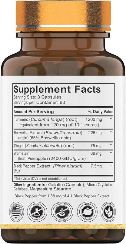 tnvitamins Turmeric & Boswellia Complex (180 Capsules) with Ginger Root, Bromelain, & Black Pepper Extract | Joint-Ease Formula: Powerful Joint Support Supplement* | Produced in The USA