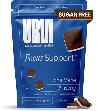 URVI Lion's Mane Gummies 5-in-1 – 9000mg Lion's Mane, Panax Ginseng, Folate 5-MTHF, B12 & Iodine – Nootropic Brain Supplement, Boosts Memory, Focus & Energy – Sugar-Free – Cola Flavor – 60 Count
