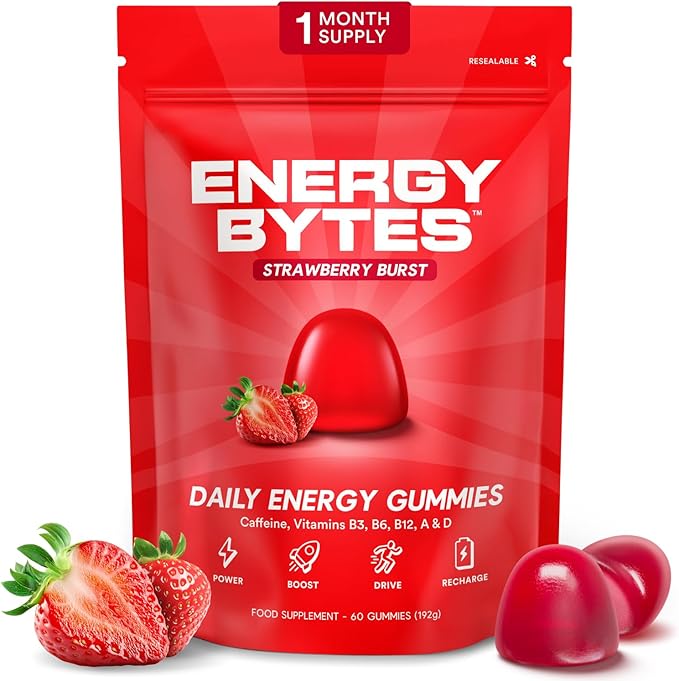 Energy Bytes Daily Energy Gummies – Fast Acting Energy Chews with Caffeine & Vitamins B3 B6 B12 A & D – Stay Focused and Energised Through Your Day – 60 Bytes
