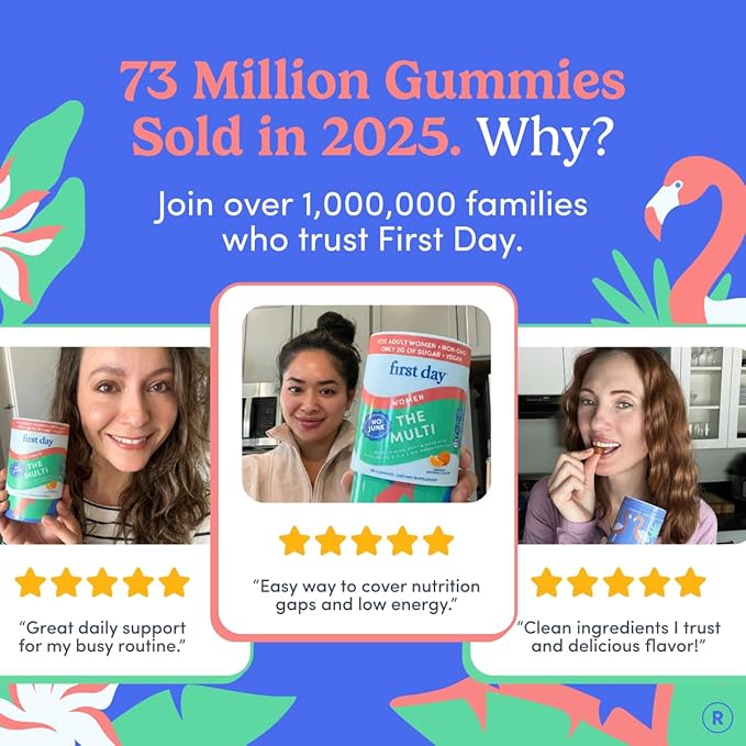 FIRST DAY Multivitamin for Women - Daily Womens Multivitamin Gummies - Vitamin A C D E B12, Magnesium, Zinc, Biotin – Vegan, Gluten Free Womens Vitamins - Hair Growth, Skin, Energy – 60 Day Supply
