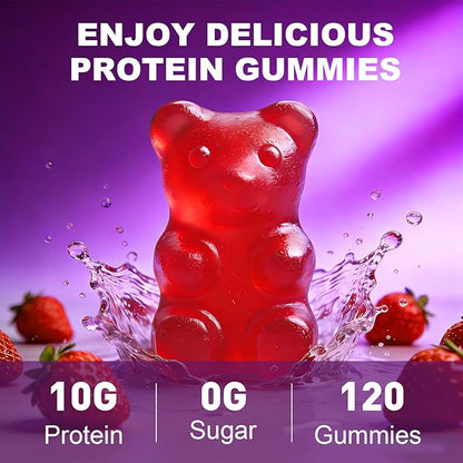 Whey Protein Gummies 10g, Protein Chewables Supplements for Women & Men, Muscle & Energy Support, Bone Health, Strawberry Flavor, 120 Count