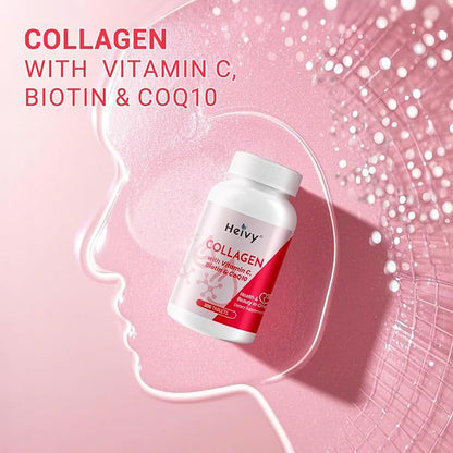 Heivy Natural Collagen 5000 mg with Vitamin C, Biotin and CoQ10,Hydrolyzed Collagen Peptides Supportment for Women & Men, Multi Collagen Pill for Hair, Skin, Nails, Joint, Grass Fed, 300 Tablets