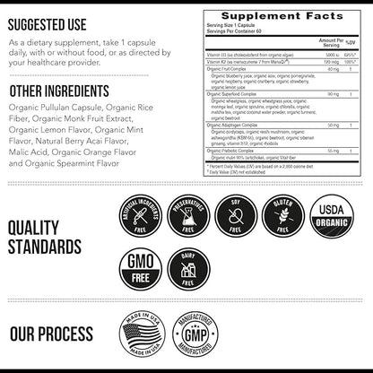 Organic Plant D3 + K2 | 5000 iu D3 + 120 mcg K2 as All-Trans MK7 from MenaQ7® - 100% Whole Food, Raw & Vegan | Enhanced Digestion with Prebiotic & Superfood Complex – D3 from Organic Algae (60 Count)
