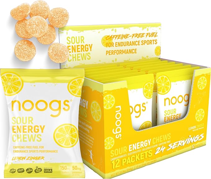 Noogs Sour Energy Chews, Lemon Zinger Electrolyte Energy Gummies, Sour Candy Flavored Alternative to Running Gels, Vegan, Gluten Free & Caffeine Free, 12 Pack