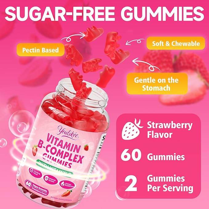 Vitamin B-Complex Gummies for Women & Men, Methyl B12, B1, B2, B3, B5, B6, B7 & B9 - Vitamin B Complex with Vitamin C Supports Energy & Immune Function, Strawberry Flavor, 60 Count