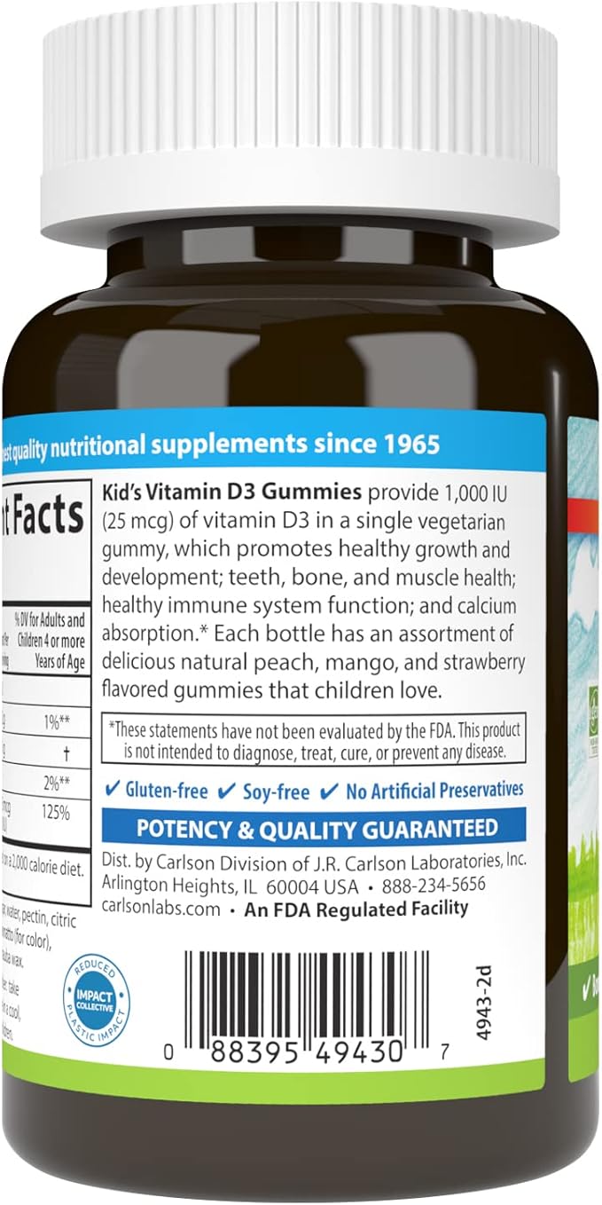 Carlson - Kid's Vitamin D3 Gummies, 1000 IU (25 mcg), Bone Health & Immune Support, Growth & Development, Vitamin D Gummies, D3 Gummy Vitamins, Natural Fruit Flavors, 60 Vegetarian Gummies (Pack of 2)