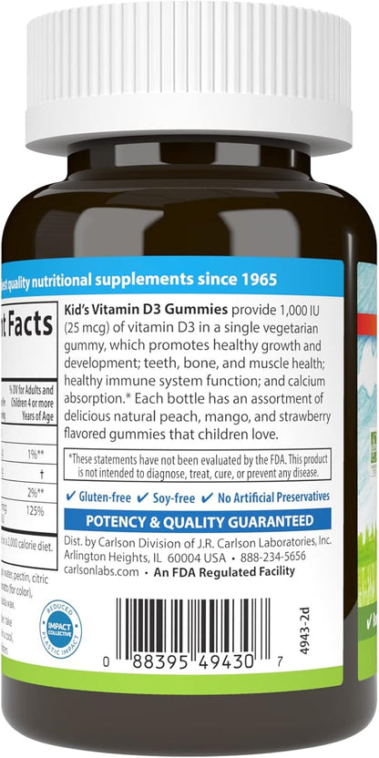 Carlson - Kid's Vitamin D3 Gummies, 1000 IU (25 mcg), Bone Health & Immune Support, Growth & Development, Vitamin D Gummies, D3 Gummy Vitamins, Natural Fruit Flavors, 60 Vegetarian Gummies (Pack of 2)