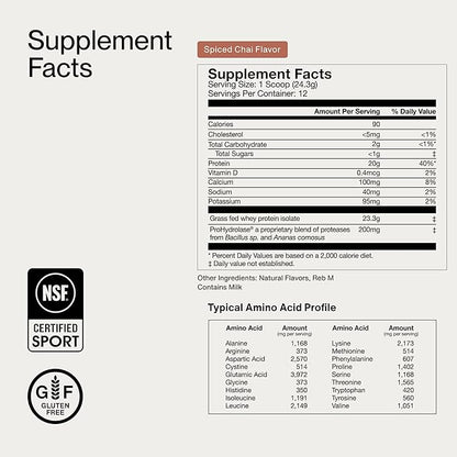 Momentous Essential Grass-Fed Whey Protein Powder - 20 g Whey Isolate Protein - NSF Certified for Sport - Gluten-Free - 12 Servings for Essential Everyday Use - Spiced Chai - Package May Vary