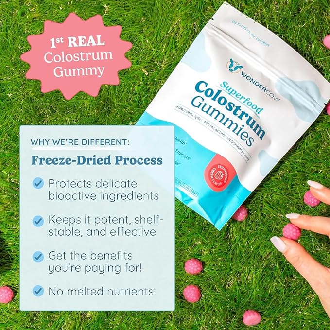 WONDERCOW Colostrum Gummies for Gut Health, Immune Support & Wellness | Natural IgG Whole Bovine Colostrum Supplement, 1,000mg per Serving (15 Gummies (5 Servings), Strawberry Cream)