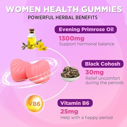 Evening Primrose Oil Gummies 1300mg with Black Cohosh & Vitamin B6, Sugar-Free, PMS Relief Supplements for Women 20-45, Chewable PMS Gummies, Strawberry Flavor, Vegan, Pectin, 120 Count
