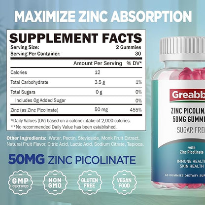 Zinc Gummies Sugar Free, Zinc Picolinate 50mg Highly Absorbable Zinc Supplement for Kids & Adults, Support Immune System, Skin Health, 120 Gummies