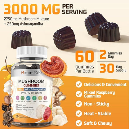15 in 1 Mushroom Complex Gummies & Ashwagandha Gummies 3000 mg - Lions Mane, Reishi, Turkey Tail & More | Mushroom Supplement for Cognitive Function, Focus & Memory | Raspberry Gummies| Sugar-Free