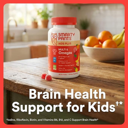 SmartyPants Kids Multivitamin Gummies with Omega 3 DHA/EPA, Vitamins D3, C, B12, B6, A, K, and Zinc, Gluten Free, Clean Label, Three Fruit Flavors, 60 Gummies (30 Day Supply)
