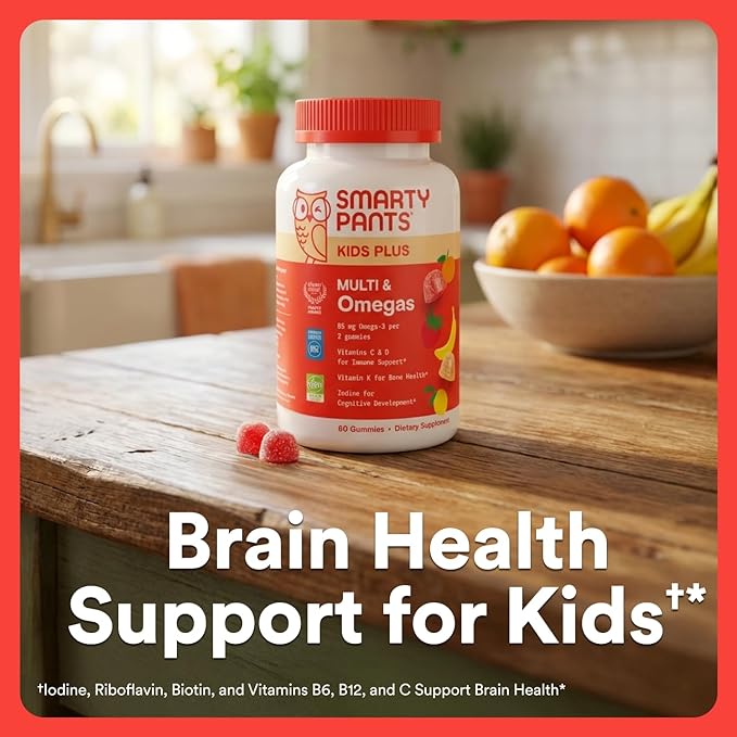 SmartyPants Kids Multivitamin Gummies, Omega 3 (DHA/EPA), Vitamins D3, C, B12, B6, Vitamin A, K & Zinc, Gluten Free, Three Fruit Flavors, 80 Count (40 Day Supply)