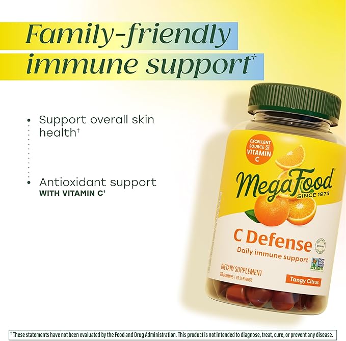 MegaFood C Defense Daily Vitamin C Supplement - Chewable Vitamin C Gummies, Immune Support Supplement, Tangy Citrus Flavor, Made with Real Food, Vegan - 70 Gummy Vitamins, 35 Servings
