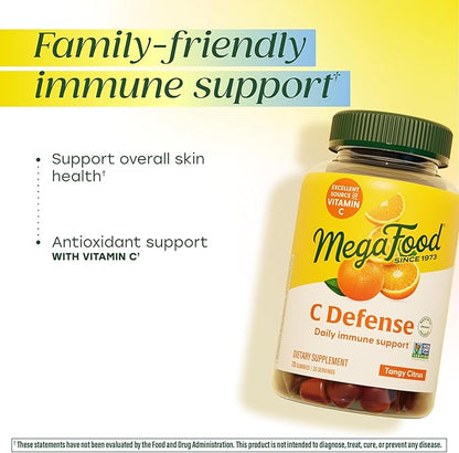 MegaFood C Defense Daily Vitamin C Supplement - Chewable Vitamin C Gummies, Immune Support Supplement, Tangy Citrus Flavor, Made with Real Food, Vegan - 70 Gummy Vitamins, 35 Servings
