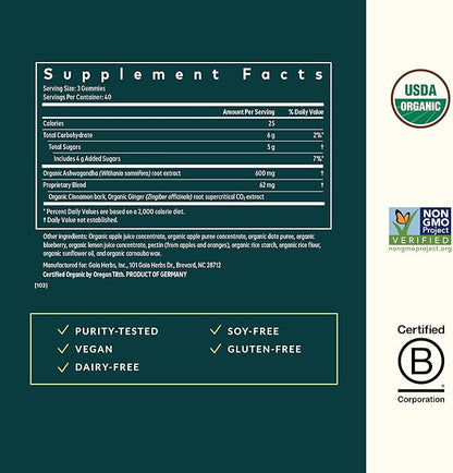 Gaia Herbs Organic Ashwagandha Gummies - Stress Support* - Made with Cinnamon & Ginger - Gluten Free & Vegan - 120 Count (40 Servings)