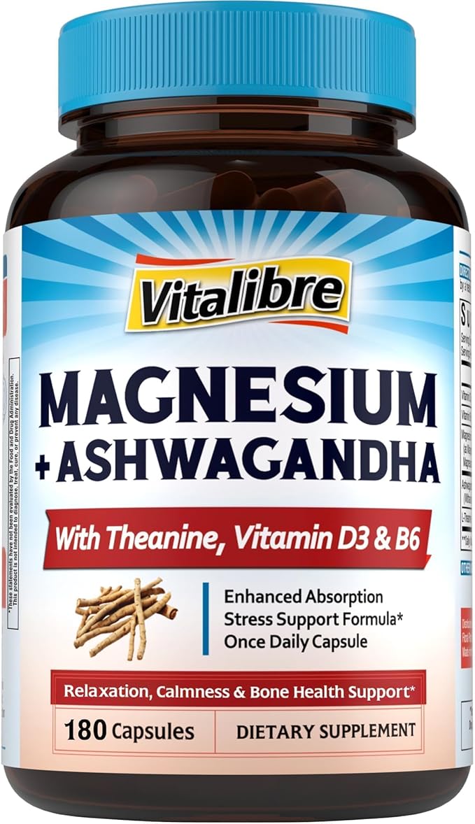 Magnesium Complex with Ashwagandha & L-Theanine - Stress Relief, Bone & Relaxation Support - w/Vitamin D3, B6 - Glycinate, Citrate, Malate, Taurate - 180 Vegan Capsules, Non-GMO, Gluten free