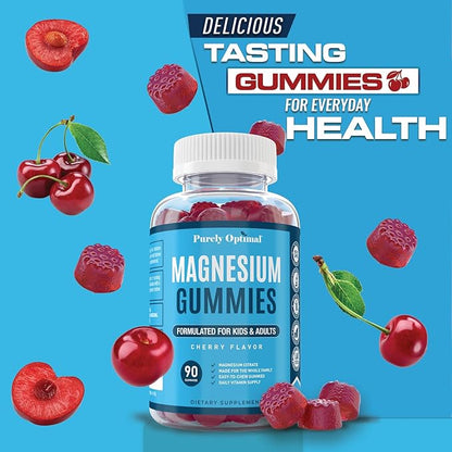 Purely Optimal Magnesium Citrate Gummies for Kids & Adults - Delicious Cherry Flavor - Sleep, Calm & Digestive Support, Relaxation, Muscle Health - Chewable Magnesium, Gluten-Free, Vegan - 90 Gummies