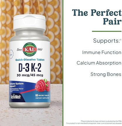 KAL Vitamin D3 K2 ActivMelts - Immune Support Supplement w/Vitamin D as D3 and MK7 VIT K2 - Supports Calcium Absorption for Strong Bones, Quick-Dissolve Tablets, Natural Raspberry Flavor, 60 Servings