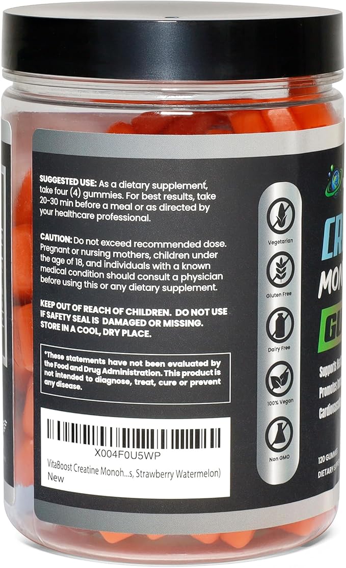 VitaBoost Creatine Gummies 5g- Natural Creatine Monohydrate for Men & Women- Delicious Strawberry Watermelon Flavor- Boost Strength, Energy & Muscle Growth- Vegan Pre Workout Gummies- Made in USA