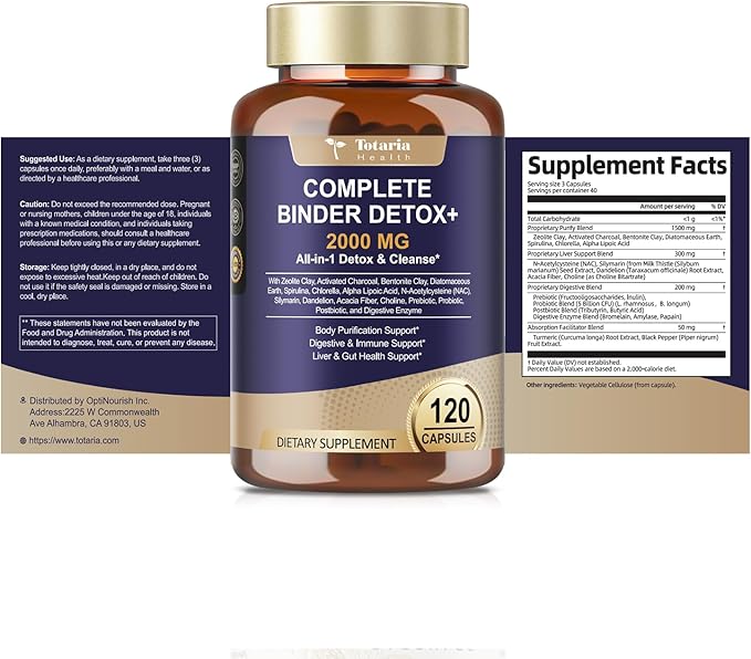 Totaria 2000MG All-in-1 Detox Binder, Activated Charcoal, Zeolite, Bentonite Clay, Alpha Lipoic Acid, 7-Layer Detox & Cleanse Supplement, Liver & Gut Support, 120 Counts