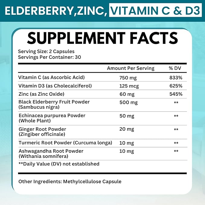 Elderberry Immune Support Supplement 8-in-1 Formula with Echinacea, Vitamin C & Zinc, Vitamin D 5000 IU, Turmeric, Ginger, Ashwagandha – 60 Capsules