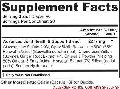 (3 Bottles Maximum Strength Joint Health & Support Supplement | Glucosamine, Chondroitin, Hyaluronic Acid & MSM | Flexibility Support for Healthy Knee & Back. 60 Capsules Each