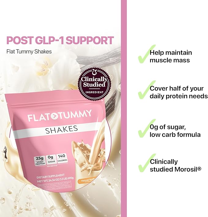 Flat Tummy Shakes - Vanilla, 20 Servings – Post GLP-1 Protein Supplement, High Protein, Zero Sugar, Keto-Friendly Meal Replacement with Clinically Studied Morosil®