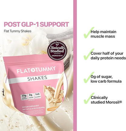 Flat Tummy Shakes - Vanilla, 20 Servings – Post GLP-1 Protein Supplement, High Protein, Zero Sugar, Keto-Friendly Meal Replacement with Clinically Studied Morosil®