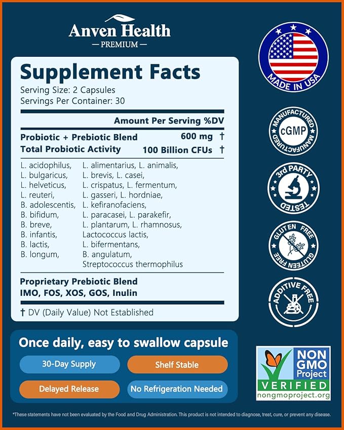 100 Billion Probiotics for Men and Women 27 Strains 5 Organic Prebiotics for Gut Digestive & Immune Health, Supports Diarrhea Gas Bloating, Non-GMO, Zero Fillers – Made in USA丨60 Caps