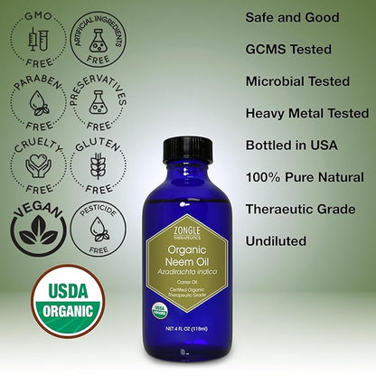 Organic, Neem Oil, for Plants, Skin, Hair, Dogs – 100% Pure, Neem Oil, by Zongle Therapeutics, 4 OZ