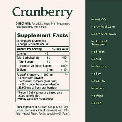 Nature's Bounty Cranberry Gummies, Urinary Tract Support, 500 mg, Cran-Raspberry Flavor, 150 Ct