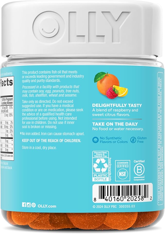 OLLY Essential Prenatal Gummy Multivitamin, Folic Acid, Vitamin D, Omega 3 DHA, Supports Healthy Growth and Brain Development, Citrus Berry - 84 Count