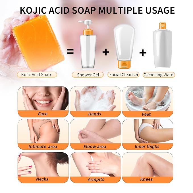 Kojic Acid Soap for Dark Spot Remover Bars with Turmeric, Vitamin C, Retinol, Collagen with Hyaluronic Acid, Vitamin E, Shea Butter, Castile Olive Oil - 3.52 OZ x 2 Bars with Soap Holder & Bag