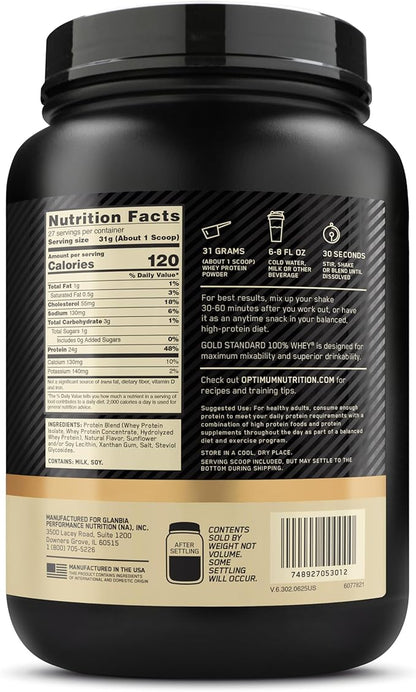Optimum Nutrition Gold Standard 100% Whey Naturally Flavored Protein Powder, Vanilla, 1.9 Pound (Packaging May Vary)